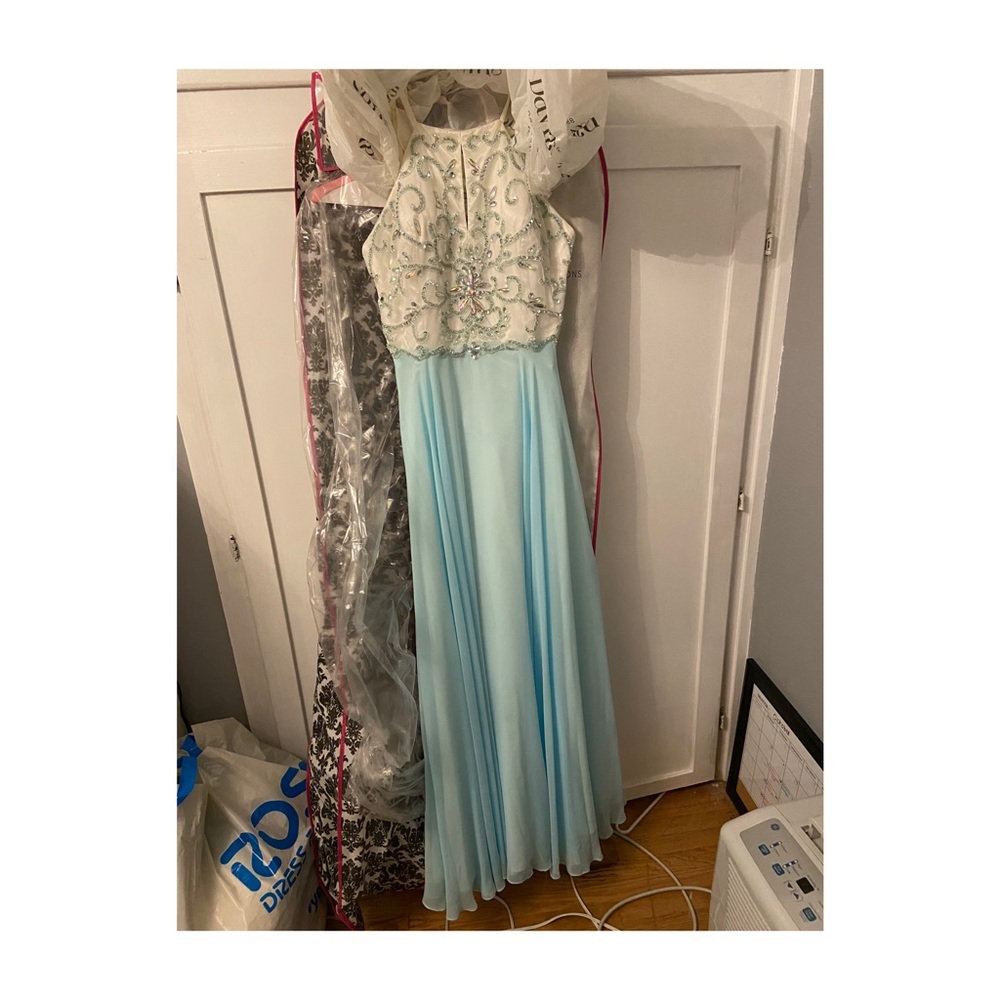 Baby blue jeweled halter dress
